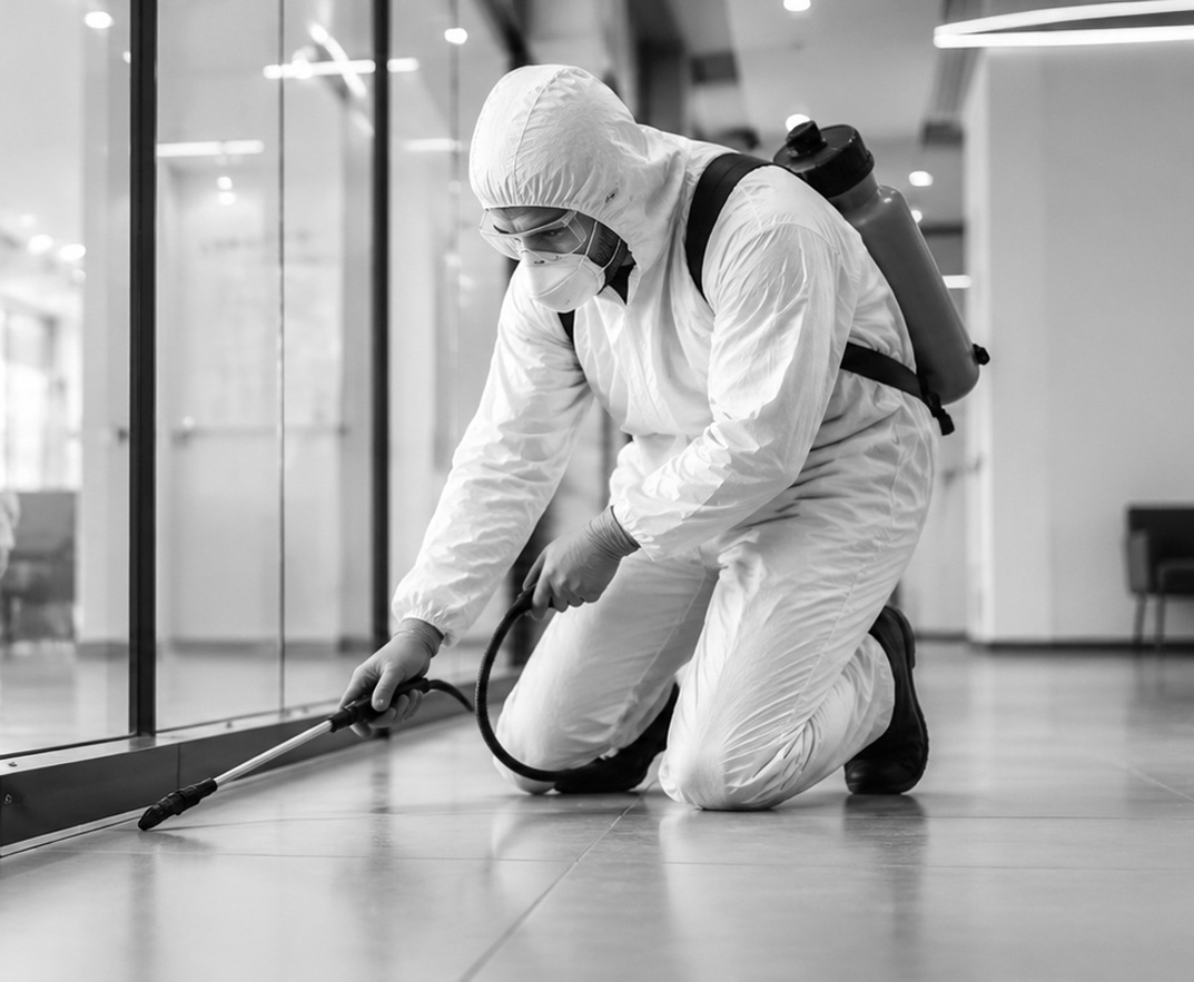 Exterminateur réalisant un traitement préventif contre des infestations
